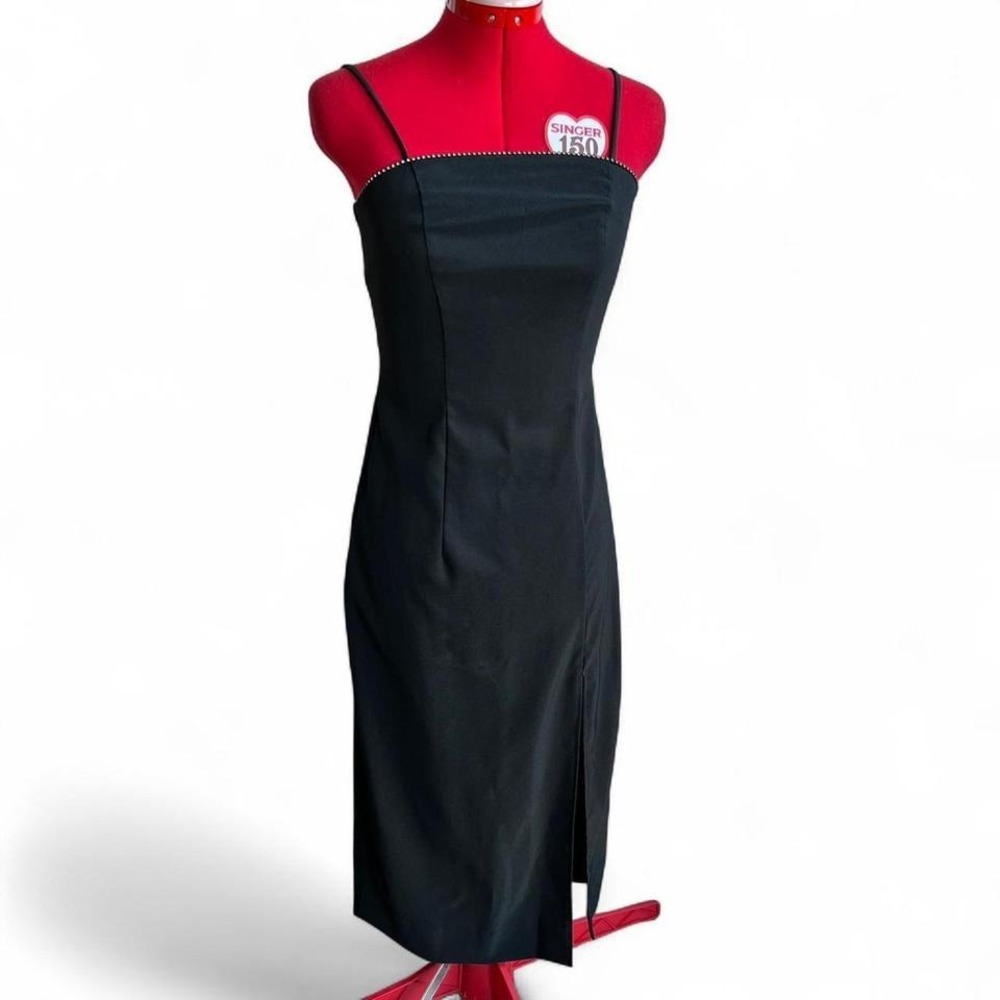 City Triangles 90s Vintage Black Spaghetti Strap Midi Dress Rhinestone Trim